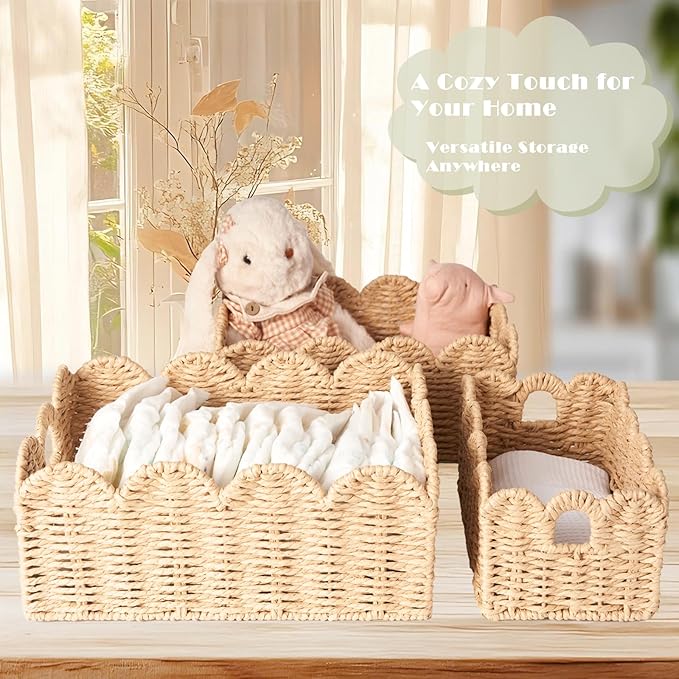 Scalloped Wicker Baskets Set of 3, Hand-Woven Storage with Handles | set of 3 beige scalloped baskets with handles. Hand-woven paper rope for shelves, bathroom or closet. Stackable, sturdy. - Image 2