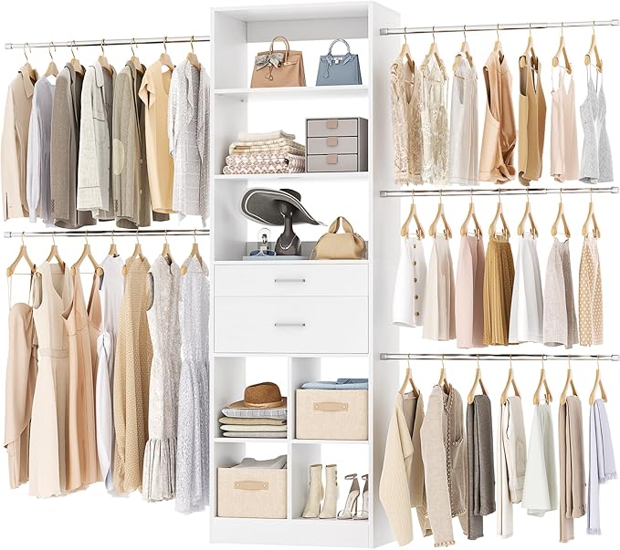 Besiost Closet System, 4-8 FT Closet Organizer Tower with 2 Wooden Drawers and Shelves, Can Fit 60 to 96 inch Walk-in Closet System with 5 Hanging Rods, Built-in, White by Besiost