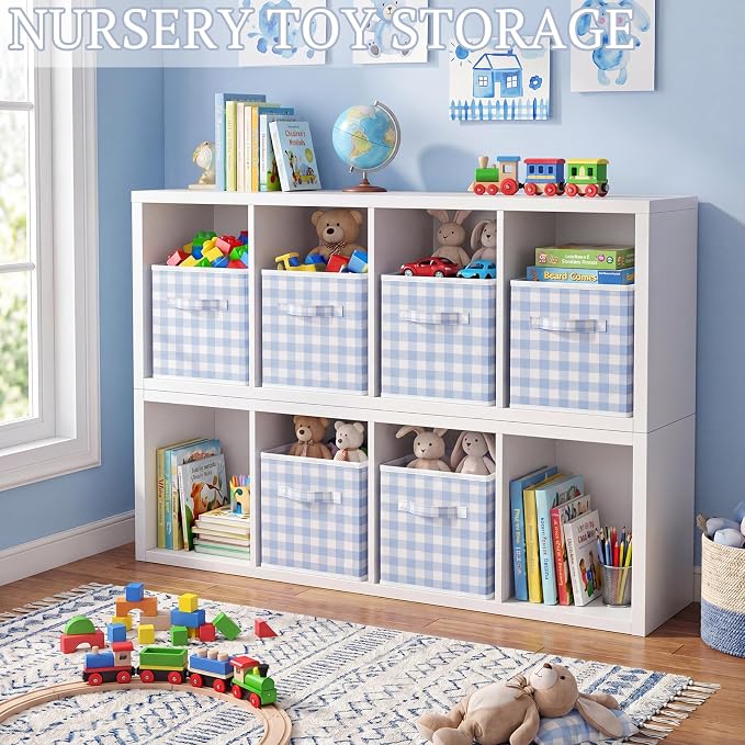 Yalikop 6 Pcs Blue Gingham Cube Storage Bins, 11 Inch Fabric Checkered Classroom Storage Bins Organizer with Handle Preppy Collapsible Cubby Basket for Classroom Home Nursery Playroom Bedroom - Image 3