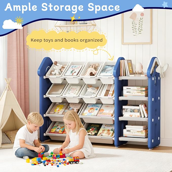 Pipleo Kids Toy Storage Organizer with 12 Removable Bins, Toy Organizers and Storage with 4-Tier Bookshelf for Kids Toy Storage Organizer (Blue) - Image 7