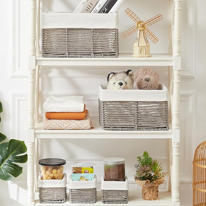 Wicker Storage Basket, Hand-Woven Paper Rope Wicker Baskets, Rectangular Small Wicke Baskets for Organizing, Cube Storage Bins for Closet/Clothes/Dresser, Grey, 5-Pack - Image 3