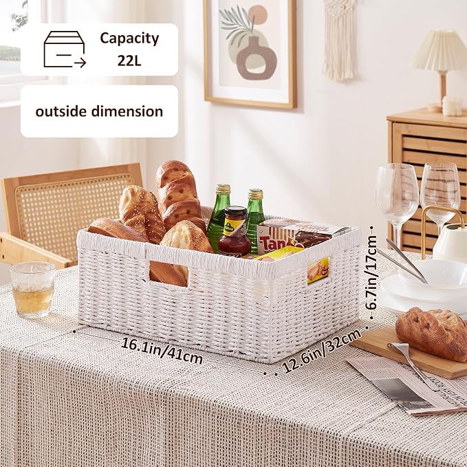 OIAHOMY Wicker Storage Basket, Rectangular Paper Rope Shelf Baskets with Built-in Handles, Woven Decorative Organizer for Pantry, Shelves, Living Room and Bathroom, 1-Pack White - Image 4