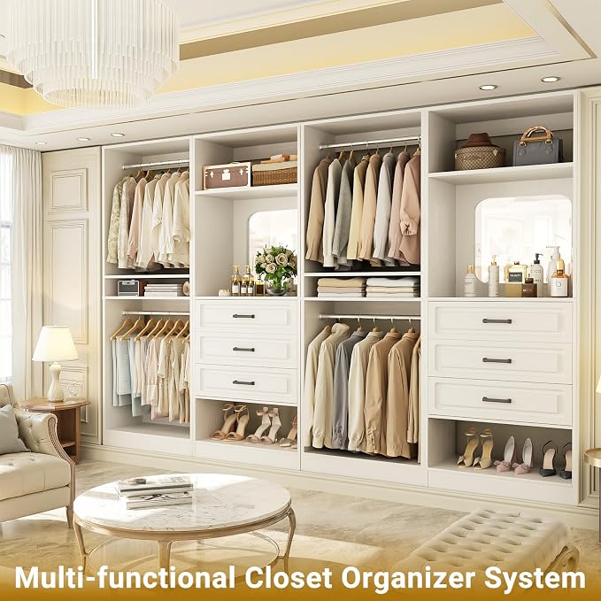 Unikito 100" Wood Closet System with Drawers and Mirror, White | Large walk in wardrobe organizer with hanging rods and adjustable shelves, sturdy freestanding garment rack tower. - Image 5