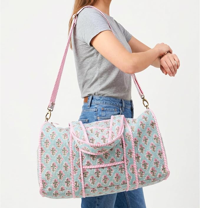 ATOSII Large Duffle Bag, Handblock Print 100% Quilted Cotton for Overnight Trip, Travel Weekender, Luggage, 2 Pockets with Zipper, 1 Front Pocket, Detachable Long Strap, 20 X 10 X 12 Inches, Bluebell - Image 3