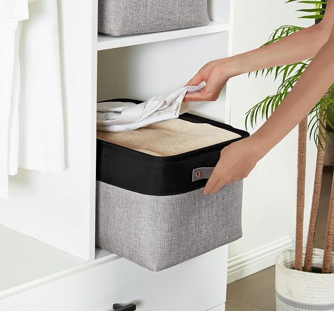 DECOMOMO Storage Bins, Large Fabric Storage Baskets for Shelves 4 Pack | 15 x 11 x 9.5 inches Decorative Linen Closet Organizers (Grey & Black) - Image 2