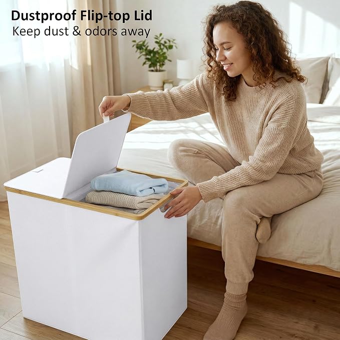 efluky Laundry Hamper with Lid, Double Laundry Basket with 2 Removable Bags, 2 Section Laundry Bin with Bamboo Handles for Bathroom, Bedroom & Laundry Room, 140L (36.9 Gallon) White - Image 4