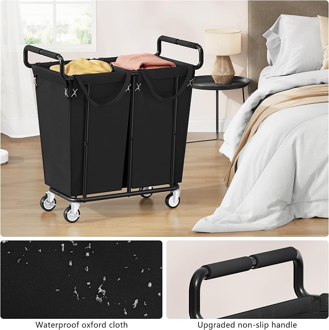 Gewudraw 2 Bag Laundry Hamper with Wheels Medium Size, 250L, Black | Rolling Laundry Basket, Steel Frame, Removable Liner, Heavy Duty Rolling Laundry Cart with Handle for Laundry Room, Bathroom - Image 4
