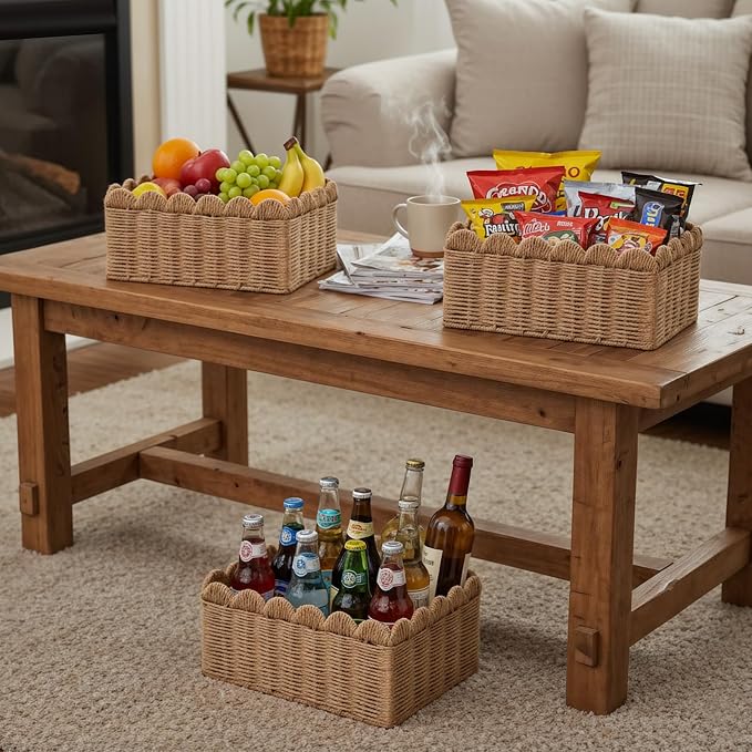 3 Pcs Wicker Baskets for Organizing,Scalloped Baskets, Hand-woven Wicker Storage Cubes, Paper Rope Shelf Baskets for Organizing and Decoration,Brown Basket - Image 4