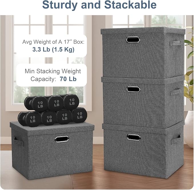 Graciadeco Large 17" 36 Quart Collapsible Stackable Storage Bins with Lids, 3 Packs Grey Linen Fabric Closet Boxes with Lids, Storage Cube Baskets Container Organizers for Bedroom Office(17 x12 x11) | 36 Quart 3 Pack Gray1 Collapsible Stackable Linen F... - Image 4