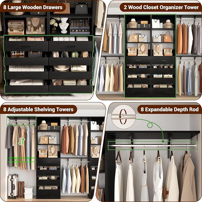 Aheaplus Closet System with Drawers Set of 2, Wood Closet Organizer System with 8 Hanging Rods & Top Shelves, Walk-in Closets Organizer Wardrobe Clothes Rack System, Cut Fits Spaces 4-9FT. Wide, Black - Image 2