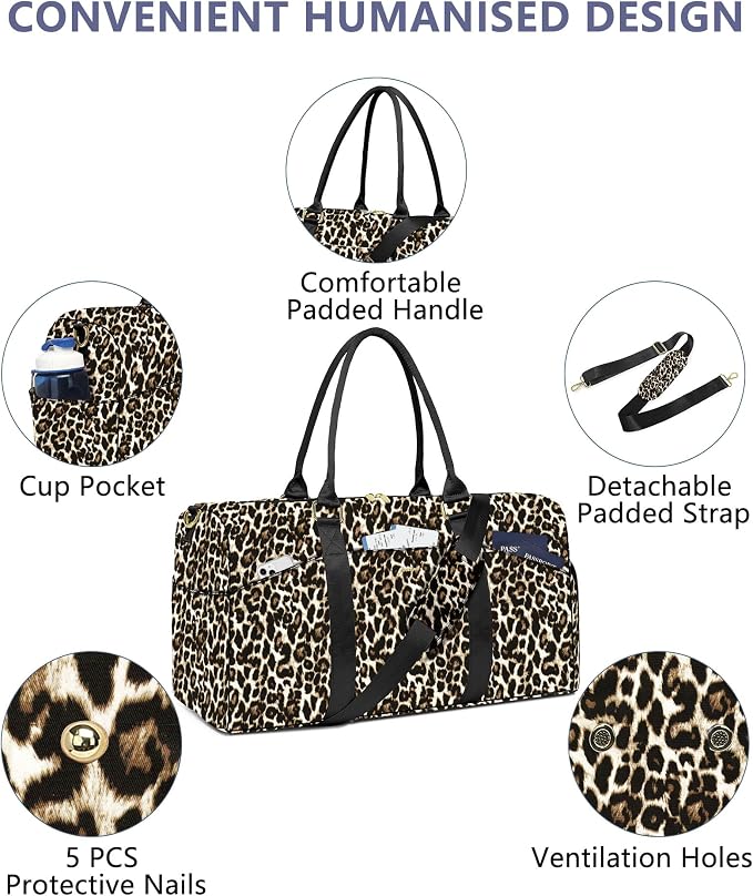 Women Weekender Travel Duffle Bag: Travel Duffel Overnight Bags with Shoe Compartment Large Carry on Tote with Toiletry Bag Weekend Traveling Yoga Gym Hospital Bag for Women with Wet Pocket Cheetah - Image 3