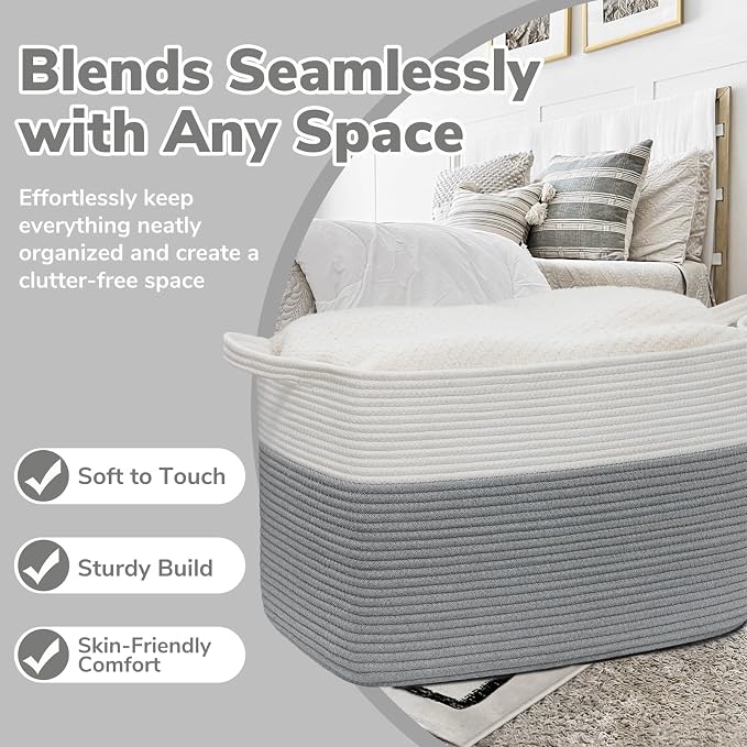 Goodpick 105L Extra Large Woven Blanket Basket Cotton Rope Storage Baskets for Organizing, Rectangle Baby Laundry Basket for Living Room Home Decor, 25"x16"x16", White & Gray - Image 5