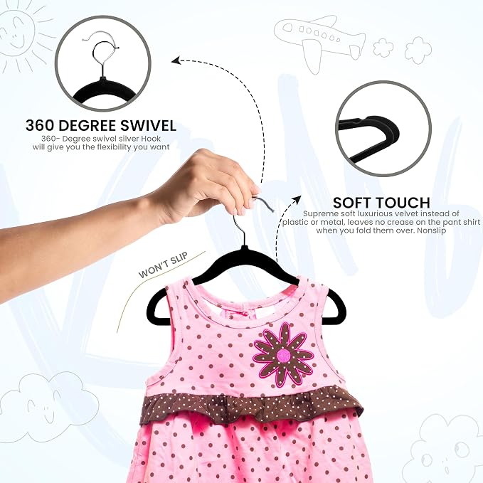 Utopia Home Kids Velvet Hanger 50 Pack – 11" Premium Baby Hangers - Black | Premium Non-Slip Baby Hangers for Baby and Toddlers, Durable Ultra-Slim Space-Saving Closet Organizers - Image 4