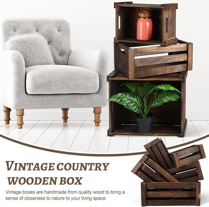 Barydat Set of 5 Wood Crates for Display Decorative Nesting Wooden Crate Storage with Handles Vintage Farmhouse Style Decorative Boxes Multipurpose Fruits Vegetables Boxes(Dusty Brown,Rustic) - Image 7