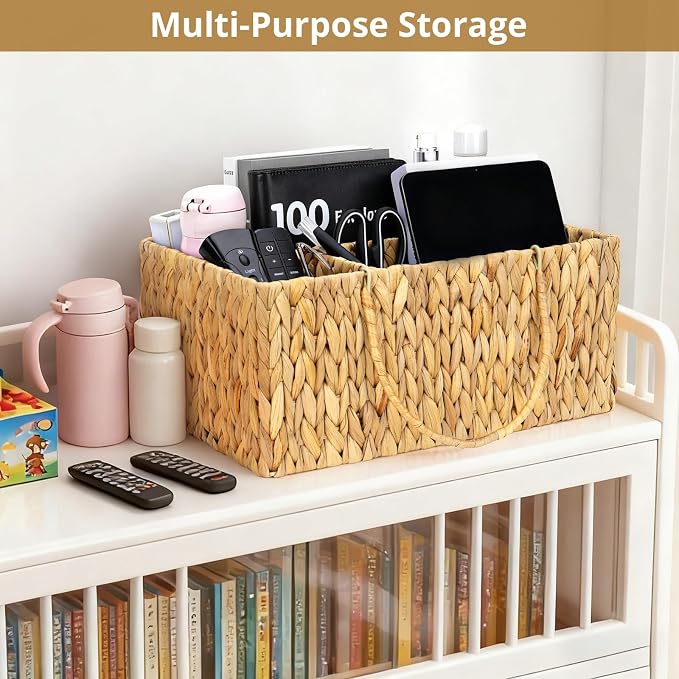 Large Baby Diaper Caddy Organizer, Handwoven Water Hyacinth Storage Basket, Portable Wicker Car Diaper Storage Bin for Nursery and Travel - Image 6