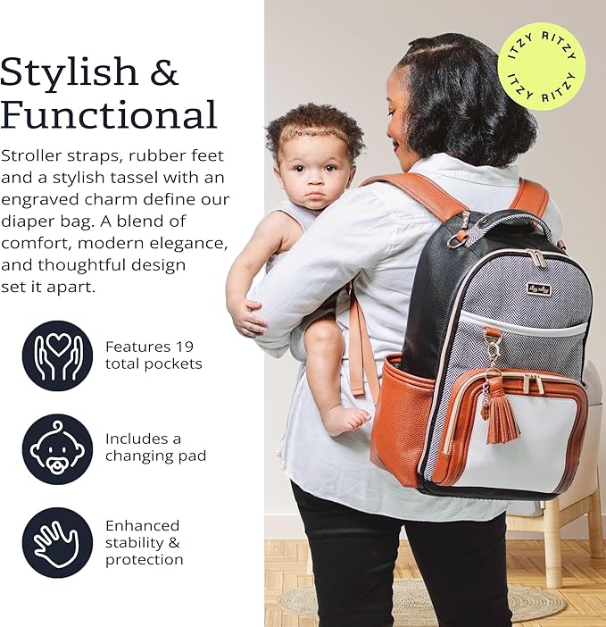 Itzy Ritzy Boss Plus Diaper Bag Backpack with 19 Pockets (Coffee & Cream) | Large Diaper Bag Backpack Includes 2 Insulated Bottle Pockets, Changing Pad, Stroller Clips, Padded Straps, Travel-Ready - Image 3
