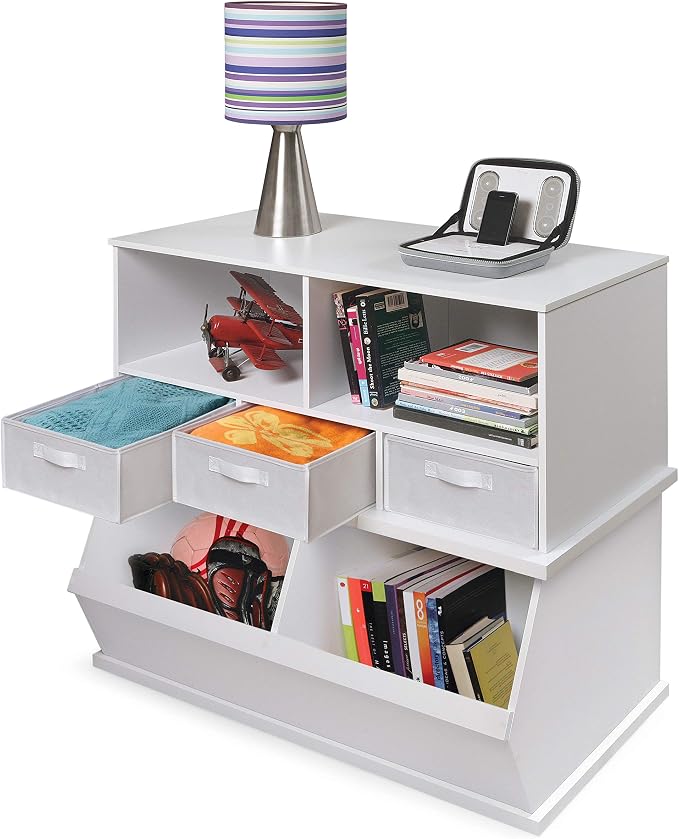 Badger Basket Two Bin Stackable Toy Storage Cubby Organizer - White | Stackable 2-bin storage cubby with solid panels for toys, books & crafts; modular design for expandable organization. - Image 9