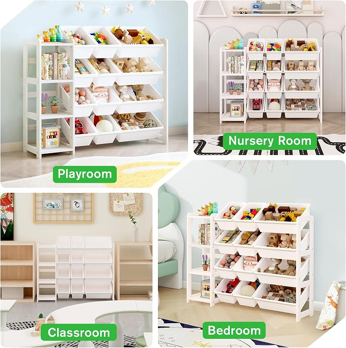 MallBest Toy Storage Organizer with Bookshelf, Kids Wooden Shelf with 12 Removable Bins for Books, Toys, Playroom, Nursery, Bedroom, White, Medium - Image 6