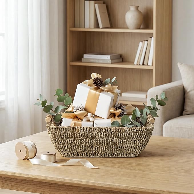StorageWorks Seagrass Storage Baskets, Large Snack Baskets for Shelves | Wicker Storage Baskets for Shelves, Baskets with Wooden Handles, 2-Pack Gifts Basket for Home Decor, Hand-Woven Basket - Image 8