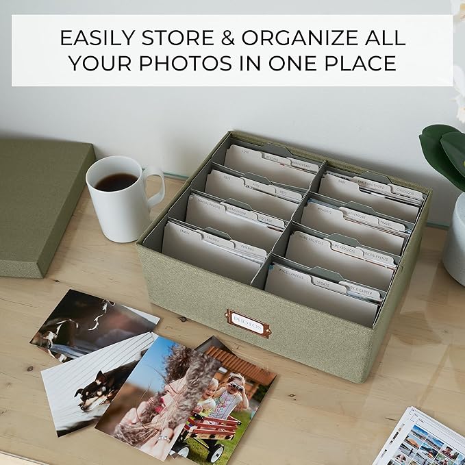 Decorative Photo Storage Box - Sturdy Linen Organizer Holds 1700 Photos | Organizer with Dividers Stores Up to 1700 4x6 Pictures - Portable Scrapbook Storage Containers with Lid - Image 2