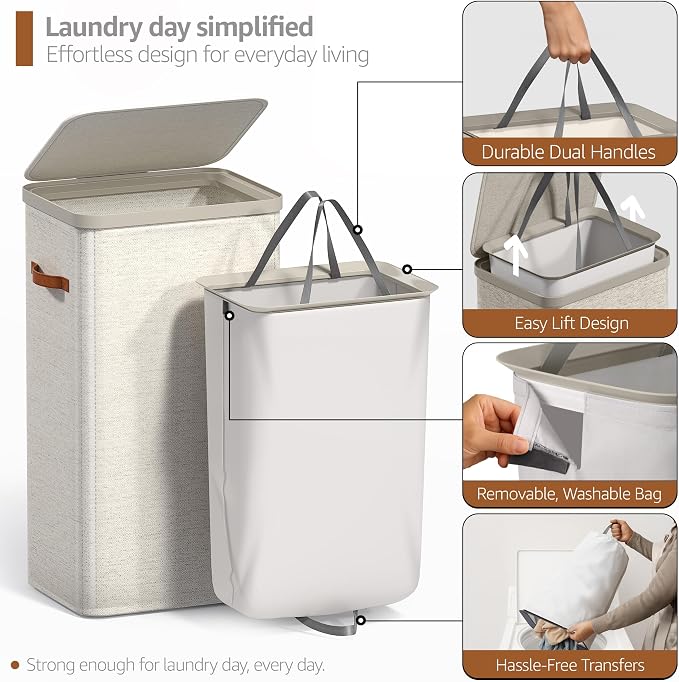 Sorbus Laundry Hamper with Lid – Collapsible Fabric Laundry Basket with Handles and Removable Laundry Bag – 26.5 Gallon (100 L) Dirty Clothes Hamper for Bedroom, bathroom and dorm - 2 Pack (Beige) - Image 5