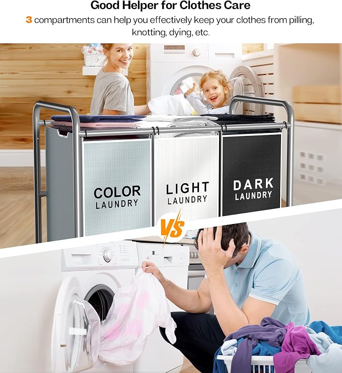 ROMOON Laundry Sorter Hamper 3 Section, Divided Laundry Basket Organizer | Rolling Clothes Hamper with Heavy Duty Lockable Wheels and Removable Bags for Apartment, Dorm & Family, 135L, Multicolor - Image 4