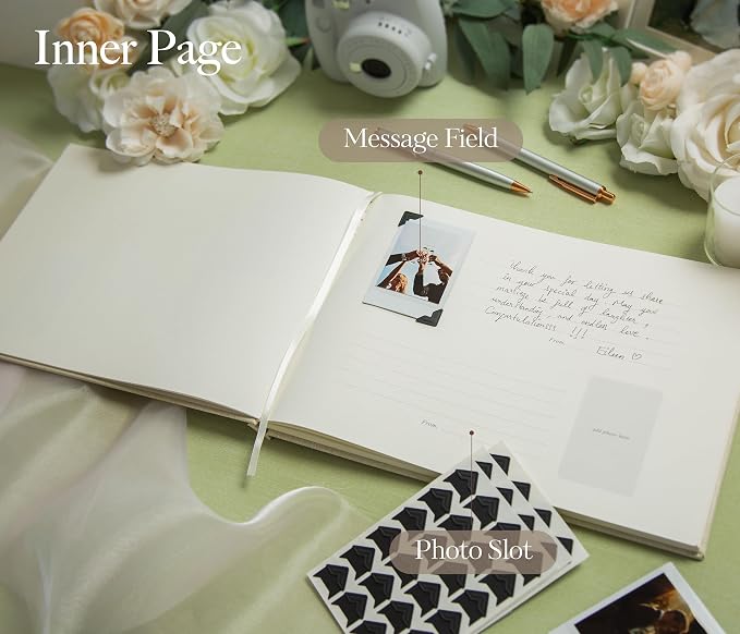 Linen Photo Guest Book (Cream) - 11.5" x 8.5" Large Hardcover Sign In Book | w/ 120 Photo Corner Stickers | Ivory Photo & Message Book for Baby Shower, Retirement, Memorial, Birthday, Graduation Party - Image 4