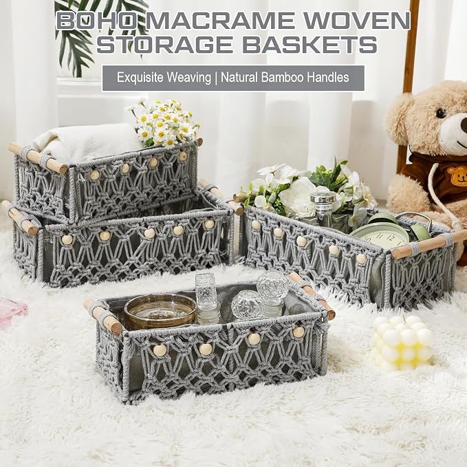 Vesici 4 Pcs Grey Macrame Storage Basket for Shelves 13 in 11 in Boho Storage Basket Hand Woven Boxes with Wood Handles Beads Decorative Countertop Toilet Tank Cabinet Organizer for Home Room Decor - Image 5