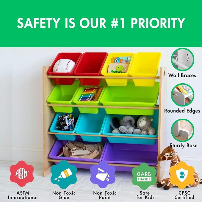 Humble Crew Kids Toy Storage Organizer with 12 Plastic Bins, Natural Wood/Rainbow – Removable Bins for Playroom, Bedroom, Toddler Furniture for Boys and Girls Ages - Image 4
