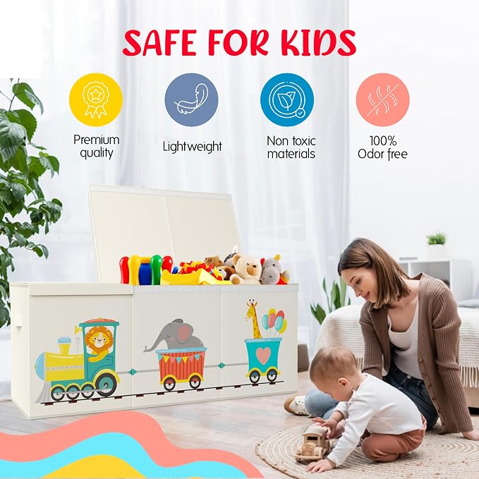 Extra Large Collapsible Sturdy Toy Storage Organizer with Lids, Animal Train Toy Box for Boys Girls, 40"x16"x16", Modern, Beige - Image 3