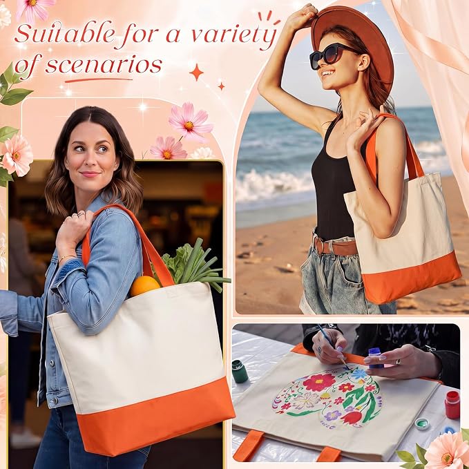 Sanwuta 30 Pcs Canvas Tote Bags Bulk with Zipper Cosmetic Pouch,Orange | 18.5" Reusable Cotton Shopping Bag with Handle for DIY Craft - Image 2