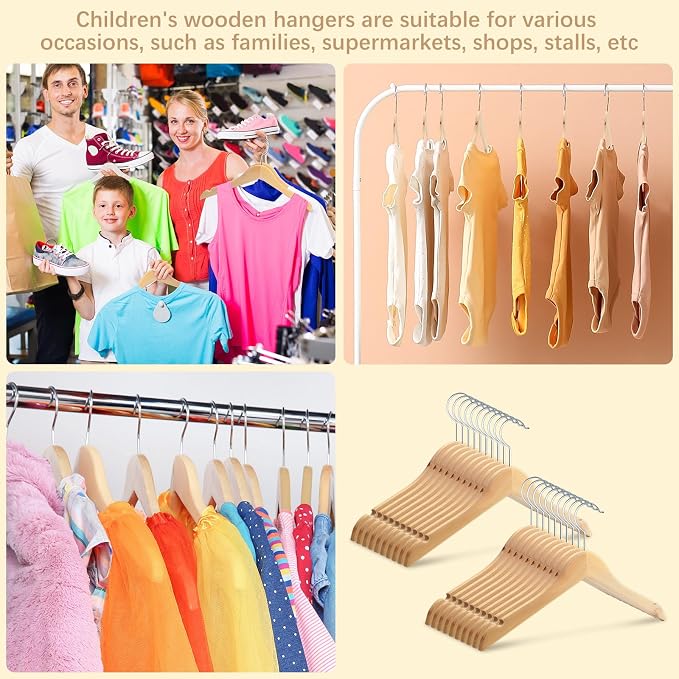 Pinkunn 50 Pcs Wooden Hangers for Baby Kids Wood Hangers Solid Baby Children's Coat with Pants Bar Shoulder Notches Anti Rust Swivel Hooks 12.6 Inch - Image 6