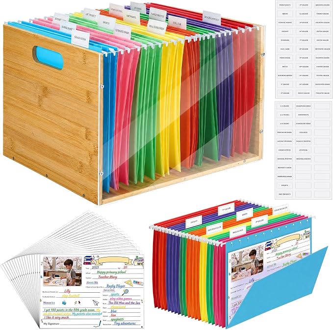 School Memory Organizer Box Kit K-12 School Year Memory Keepsake with 24 Different Memorys Questionnaire 24 Hanging File Folder 2 Label for Kid Storage Picture File Keeper(Rustic,Wooden,Acrylic) by Motipuns
