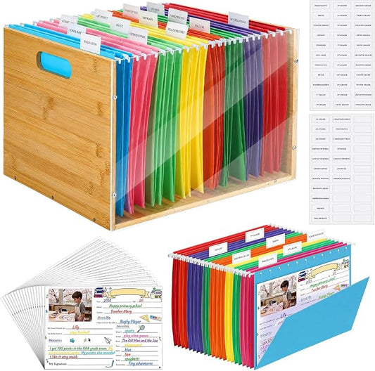 School Memory Organizer Box Kit K-12 School Year Memory Keepsake with 24 Different Memorys Questionnaire 24 Hanging File Folder 2 Label for Kid Storage Picture File Keeper(Rustic,Wooden,Acrylic) by Motipuns