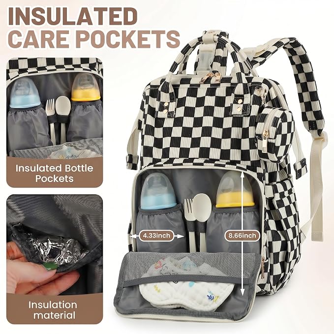 Baby Diaper Bag Backpacks for Mom Dad, Corduroy Large Capacity Multifunction Nappy Bag with Pacifier Case, Baby Travel Essentials Diaper Backpack for Boys Girls - Checkered Black - Image 5