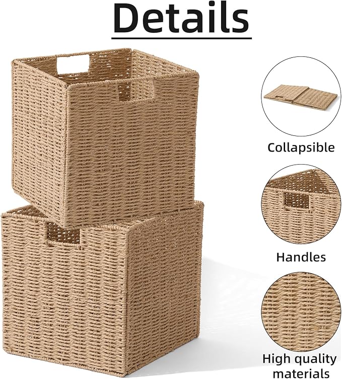 Set of 2 Hand-Woven Paper Rope Wicker Baskets, Storage Basket, Foldable Cube Storage Bins, Natural Color Storage Cubes, Square Baskets for Organizing Shelves Decor, 12x12x12in - Image 3