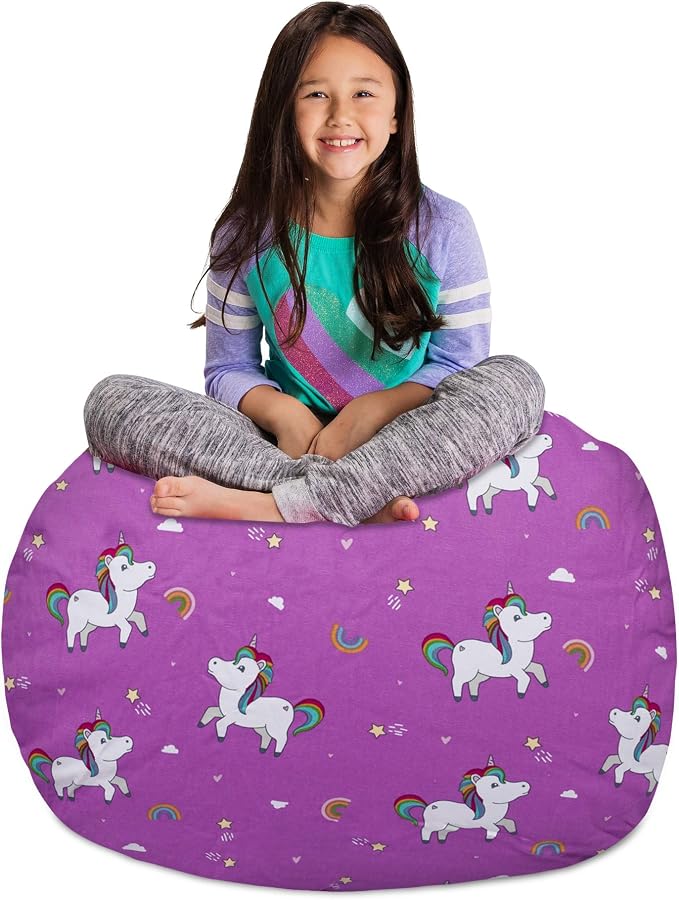 Posh Creations Kids Stuffed Animal Storage Bean Bag Chair Cover - Childrens Toy Organizer, Large-38in, Canvas Unicorn and Rainbows on Purple by PoshCreations