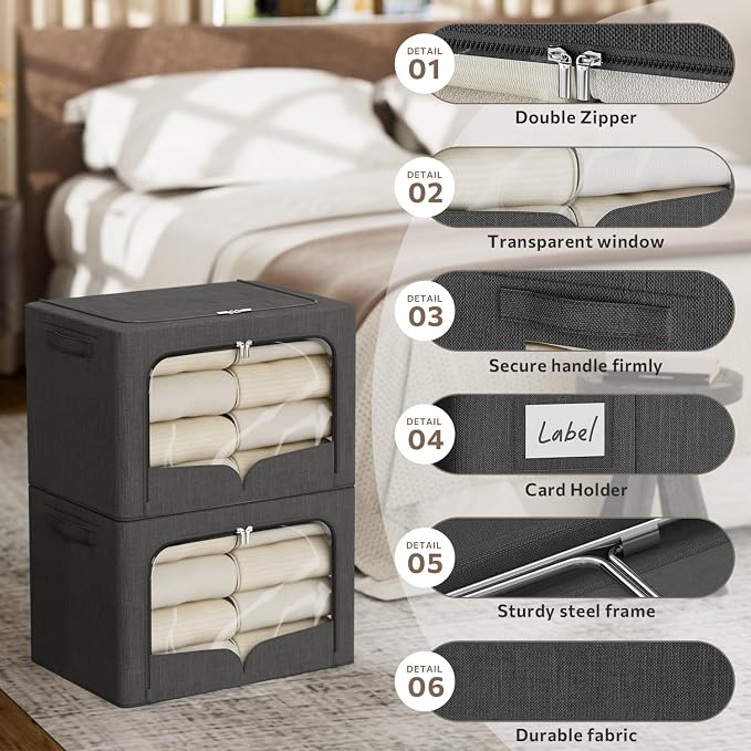 FHSQX 3 Pack Clothes Storage Bins Foldable Metal Frame Storage Box Stackable Linen Fabric Organizer Set with Carrying Handles and Clear Window (Dark Gray, 15.7x11.8x7.8inch(22L)) - Image 6