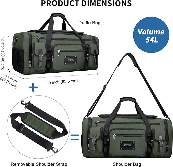 WITZMAN Duffle Bag for Men Large 54L Travel Duffel with Shoe Compartment | Water-resistant Nylon, Dry-wet Pocket, Fits 16" Laptop, Convertible for Gym, Weekender, Sports, Overnight, B717 Army Green - Image 5