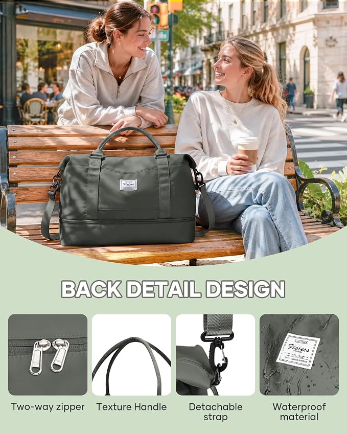 Travel Duffel Weekender Bag Women Tote Carry On Bags With Shoe Compartment | 18x14x8 inches Travel Overnight Bags with Trolley Sleeve for Airplanes Waterproof Sport Tote Gym with Toiletry Bag Green - Image 5