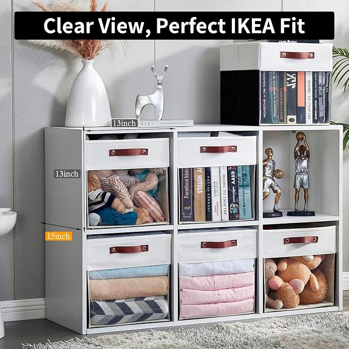 Storage Cubes, 4 Pack Linen Foldable Storage Bins with Clear Window and 2 Handles, 13x15x13 Storage Cube Bins for Shelf Closet, Kallax, Clothes, Books - (Black / Off-White) - Image 2