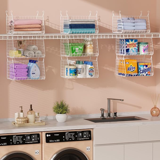 3-Tier Hanging Laundry Basket Organizer：Foldable Wire Shelf Laundry Room Organizer with 360°Rotating Hooks Small Space Solutions Closet Hanging Organizer - Laundry Organization, White Patent by Sonyabecca