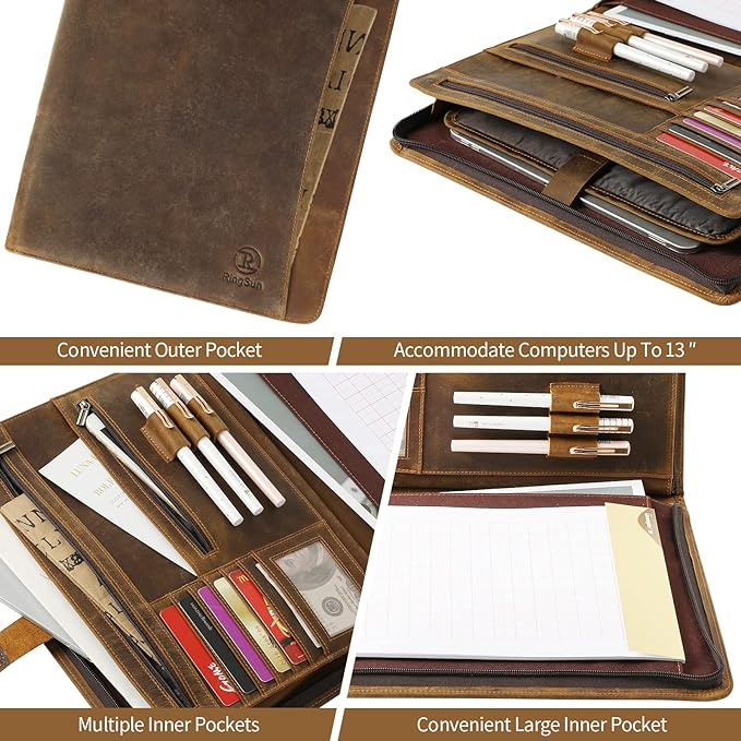 Ringsun Leather Portfolio Organizer with Zipper for Men Women, Leather Padfolio Business Resume Legal Pad Portfolio Notebook Binder for A4/Pad, Brown - Image 5