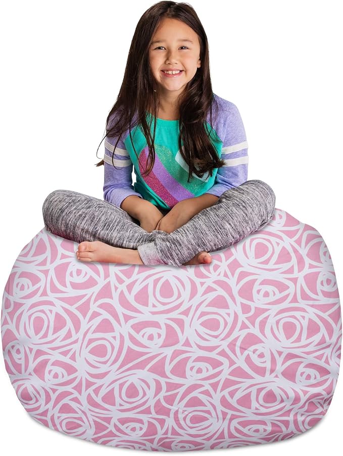 Posh Creations Kids Stuffed Animal Storage Bean Bag Chair Cover - Childrens Toy Organizer, Large-38in, Canvas Roses Pink by PoshCreations