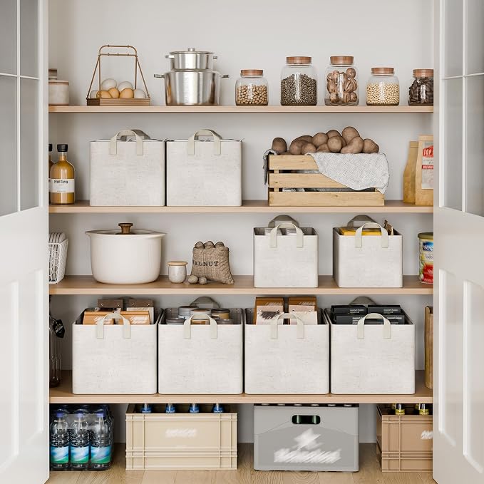 StorageWorks Linen Closet Storage Bins, 45L Storage Baskets, Beige, 2-Pack | Extra Large, With Reinforced PU Handles, Metal Frame, Collapsible Basket for Shelves, Closet, Holds Clothes, Towels, Blankets - Image 3