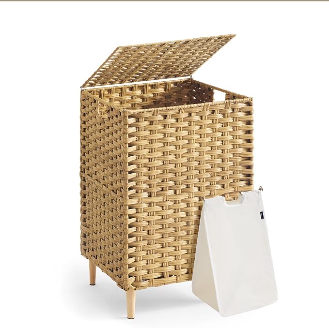 SONGMICS Laundry Hamper with Lid, 25 Gal (95L) PE Rattan Laundry Basket with Removable Washable Liners, for Bedroom & Living Room, Goose Yellow ULCB221YE01 by Unknown