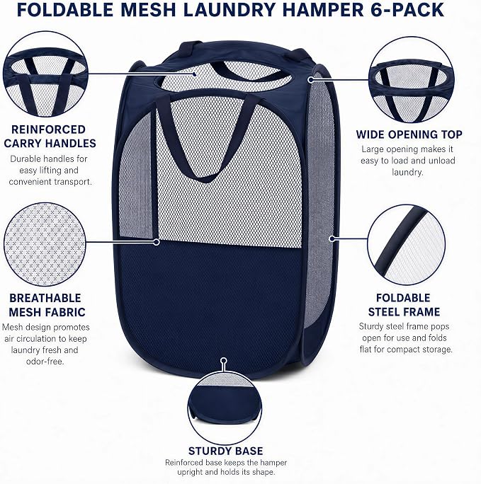6 Pcs Handy Laundry Collapsible Mesh Foldable Hampe (Black/White/Blue) | Popup Laundry Basket with Durable Handles,Pop-up Mesh Hamper Dirty Clothes Basket for Kids Room, College Dorm or Travel - Image 4