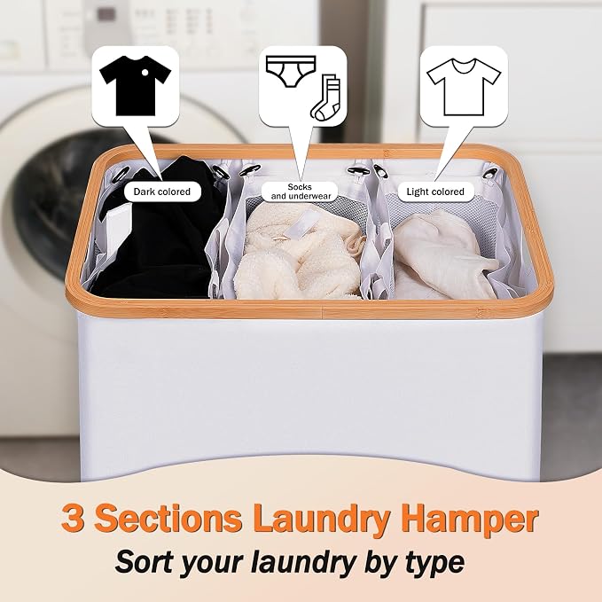efluky Laundry Hamper with Lid, Trio Laundry Basket with 2 Removable Bags, 3 Section Laundry Bin with Bamboo Handles for Bathroom, Bedroom & Laundry Room, 160L (42.3 Gallon) White - Image 4