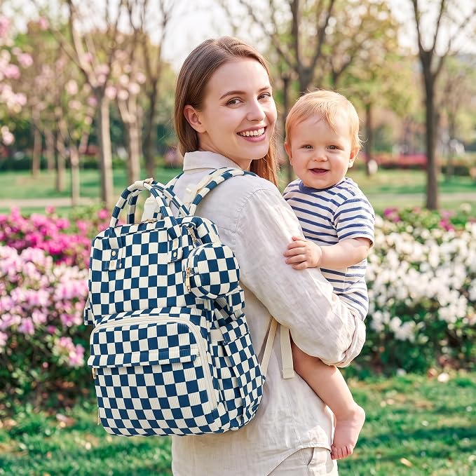 Baby Diaper Bag Backpacks for Mom Dad, Corduroy Large Capacity Multifunction Nappy Bag with Pacifier Case, Baby Travel Essentials Diaper Backpack for Boys Girls - Checkered Navy Blue - Image 2