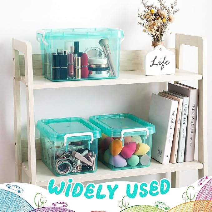 6 Pack Colorful Plastic Storage Bins with Lids 4 Quart Small Storage Latch Box Stackable and Nestable Clear Organizer Bins with Latching Handle and Buckle for Organizing (Teal) - Image 5